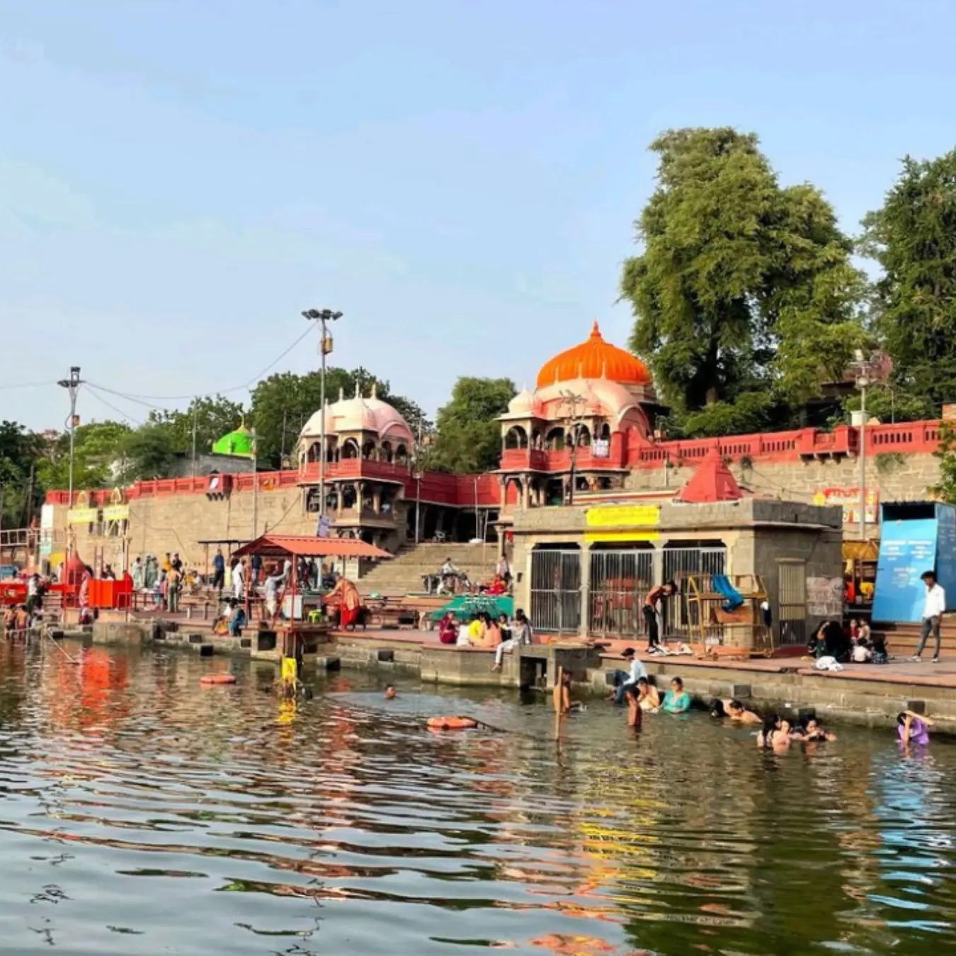 Ram Ghat on the Shipra river in Ujjain with temples along the steps